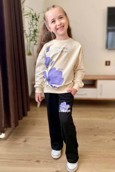 Kız Çocuk Lale Baskılı Kazak Yazı Detaylı Alt Eşofman Mor Eşofman Takım - 4