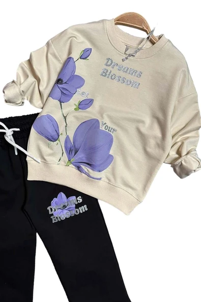 Kız Çocuk Lale Baskılı Kazak Yazı Detaylı Alt Eşofman Mor Eşofman Takım - 7