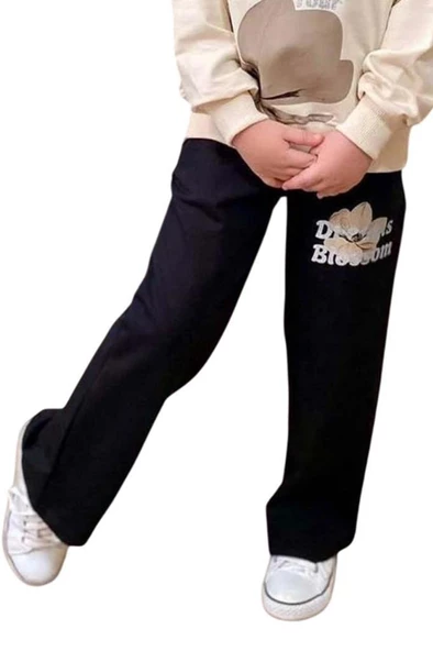 Kız Çocuk Lale Baskılı Kazak Yazı Detaylı Alt Eşofman Kahverengi Eşofman Takım - 3