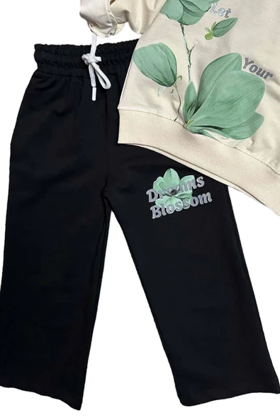 Kız Çocuk Lale Baskılı Kazak Yazı Detaylı Alt Eşofman Yeşil Eşofman Takım - 7