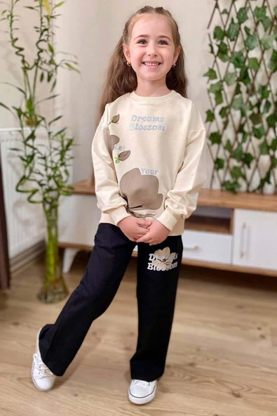 Kız Çocuk Lale Baskılı Kazak Yazı Detaylı Alt Eşofman Kahverengi Eşofman Takım - 4