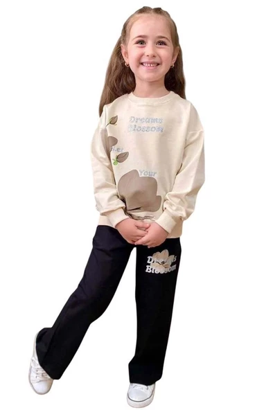 Kız Çocuk Lale Baskılı Kazak Yazı Detaylı Alt Eşofman Kahverengi Eşofman Takım