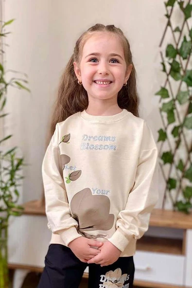 Kız Çocuk Lale Baskılı Kazak Yazı Detaylı Alt Eşofman Kahverengi Eşofman Takım - 5