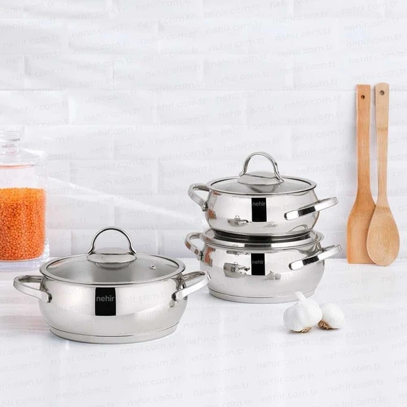 Nehir Silver Lüks 6 Parça Cam Kapaklı Derin Çelik Tencere Seti
