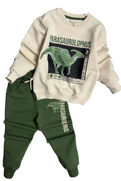 Erkek Çocuk Üzerinde Parasaurolophus Figürlü ve Yazı Baskılı Yeşil Eşofman Takım - Resim 4