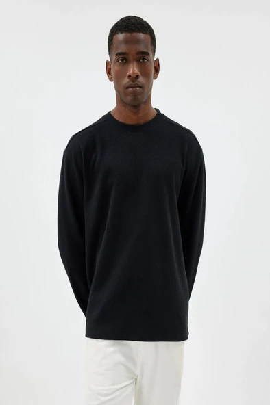 Koton Oversize Kazak Bisiklet Yaka Dokulu Dikiş Detaylı Pamuk Karışımlı - 3