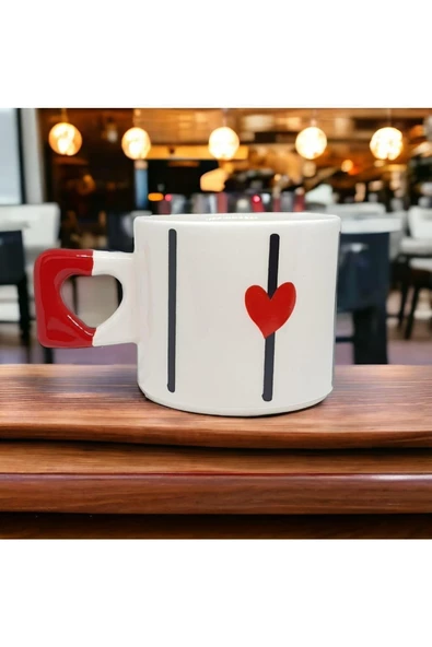 Zarif Kırmızı Kalp Desenli El Yapımı Doğal Seramik Kalp Kupa / Mug - Çay & Kahve Fincanı - 2