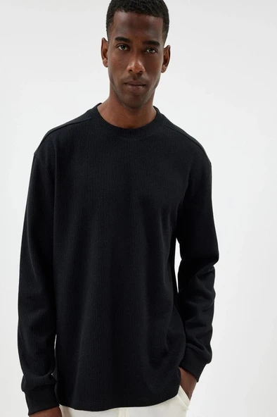 Koton Oversize Kazak Bisiklet Yaka Dokulu Dikiş Detaylı Pamuk Karışımlı