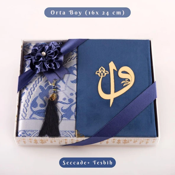 Kuran +  Seccade +  Tesbih Hediye Seti (Orta Boy, Kadife, Desenli Kutu, Lacivert) ürün görseli 1