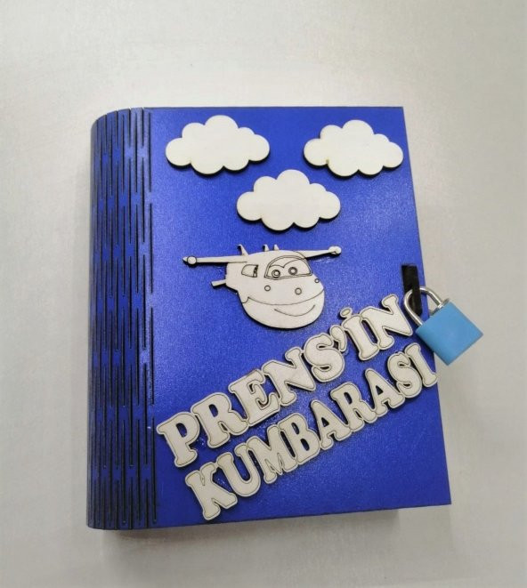 Anahtarlı Ahşap Kitap Kumbara Mavi Renk 3mm Mdf Prens Kabartma Yazılı
