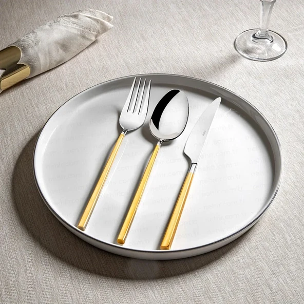 Nehir Gloria Altın Sade 6 Kişilik 36 Parça Çatal Kaşık Bıçak Takımı - Resim 5
