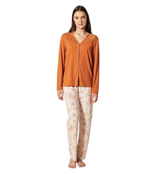 Pijadore Kadın Kiremit Viskon Düğmeli Uzun Kollu Pijama Takımı 1759