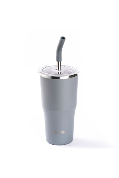 Tantitoni 024-01-GRİ 2 KAPAKLI ÇİFT KATMANLI PİPETLİ TERMOS BARDAK 530ML - 1