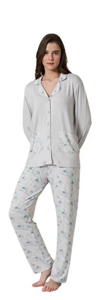 Pijadore Kadın Viskon Düğmeli Uzun Kollu Pijama Takımı 1728 - 5