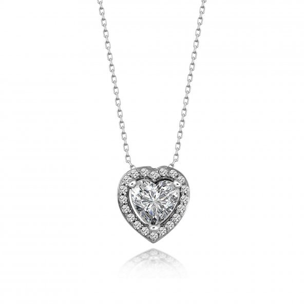 Gümüş Swarovski Taşlı Tek Taş Kalp Kolye Sertifikalı Qr Kod