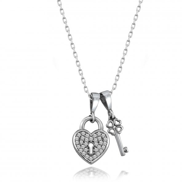 Swarovski Taşlı Kalp Kilidi Gümüş Bayan Kolye Sertifikalı Qr Kod