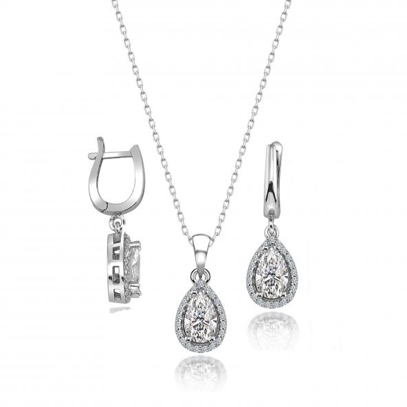 Swarovski Taşlı Damla Gümüş Kolye Küpe Set Sertifikalı Qr Kod