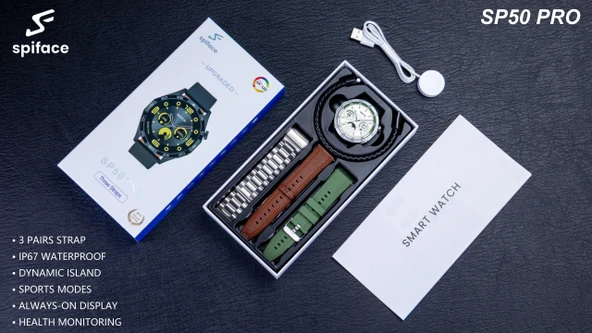 Spiface Sp50 Pro Amoled Ekran 3 Kordonlu Akıllı Saat Smart Watch Gümüş Kasa