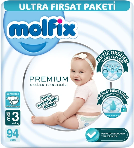 Molfix Premium Bebek Bezi Beden:3 (4-9KG) Midi 94 Adet Ultra Fırsat Pk