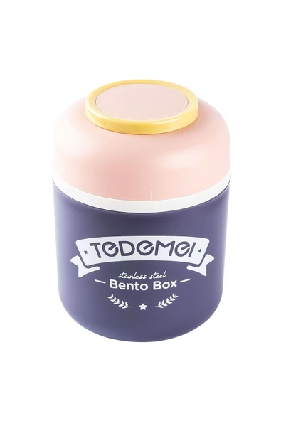 Tantitoni 036-01-TEDEMEI PEMBE PASLANMAZ ÇELİK YUVARLAK KAŞIKLI YEMEK TAŞIMA KABI 780ML ürün görseli 1