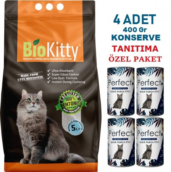 5 LT BİOKİTTY MARSİLYA SABUN KOKULU KEDİ KUMU & 4 ADET KONSERVE TANITIMA ÖZEL FİYAT