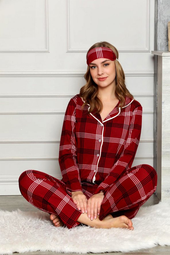Nisanca Desenli Önden Düğmeli Retro Kadın Pijama Takımı- Sevgililer Günü Hediyesi