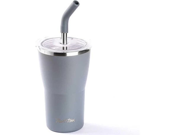 Tantitoni Gri 2 Kapaklı Çift Katmanlı Pipetli Termos Bardak 410 ml - 1