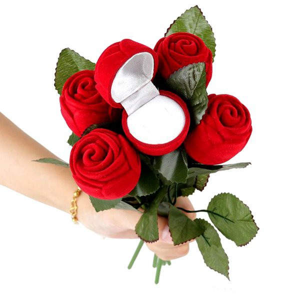 Kadife Floklu Kırmızı Gül Model Küpe Yüzük Kolye Hediyelik Kutu - 2