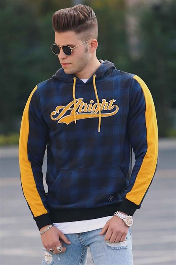 Kapşonlu Ekoseli Sweatshirt Lacivert 2843