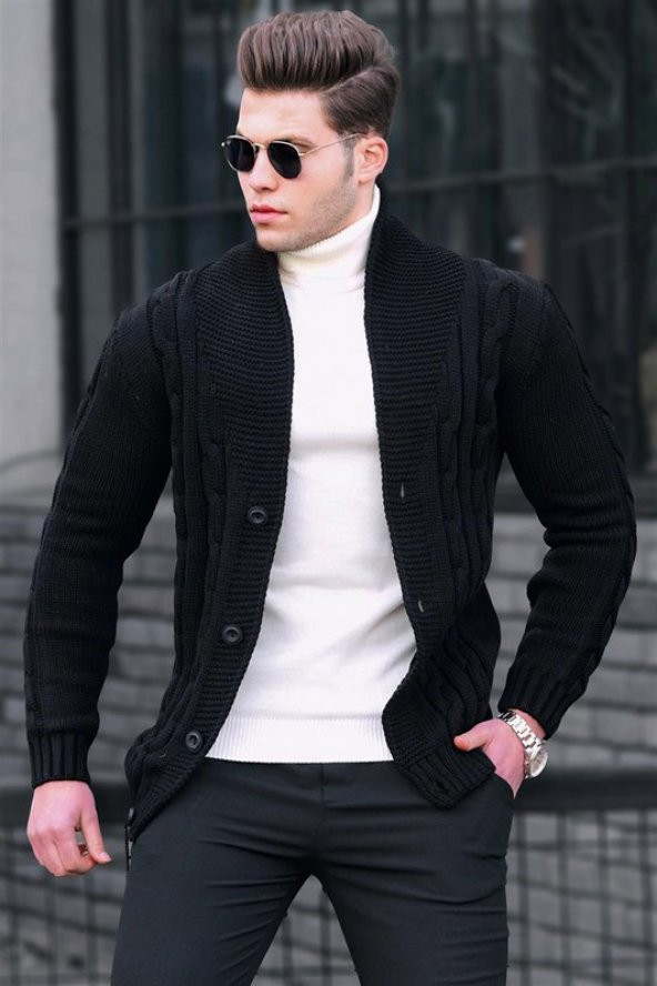 Madmext Siyah Örgülü Hırka 9053 - 2