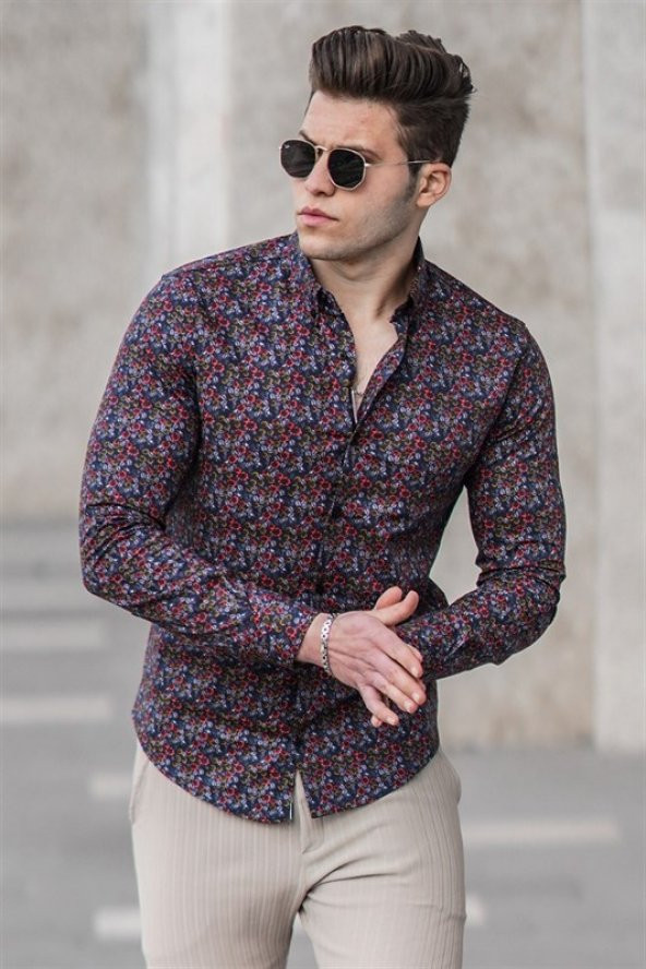 Madmext Slim Fit Lacivert Çiçekli Gömlek 9212