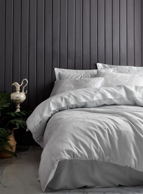 Cotton Box Çift Kişilik Jakarlı Saten Nevresim Takımı Leaf Buz Mavisi