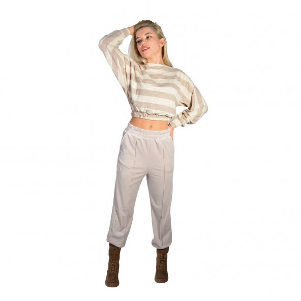 Marcatella Kadın Krem Çizgi Desen Lastikli Uzun Kollu Crop Kazak - 3