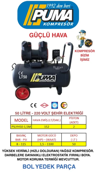 PUMA 50 LT YÜKSEK VERİMLİ KOMPRESÖR (YAĞSIZ) 1.5 HP