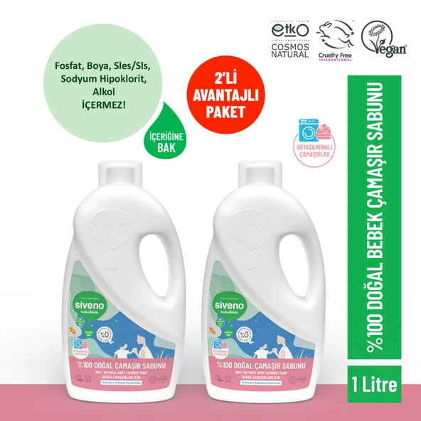 Siveno %100 Doğal Bebek Çamaşır Sabunu Kendinden Yumuşatıcılı Bitkisel Deterjan Konsantre Vegan 1000 ml X2 Adet