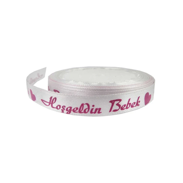 Saten Kurdele Hoşgeldin Bebek Yazılı 1 CM (10 Metre)  Pembe