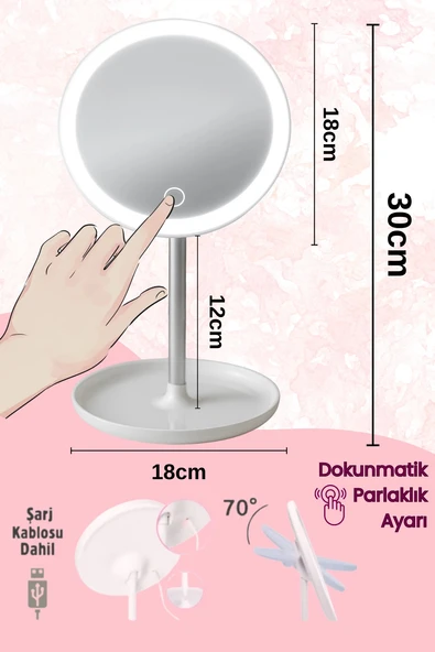 Dokunmatik Led Işıklı Usb Li Yuvarlak Masa Üstü Makyaj Aynası Makyaj Aynası Ledli - 2