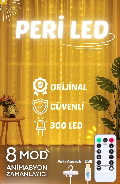Perde Led 3mx3m Kumandalı 8 Fonksıyonlu 300 Ledli 10 Sarkıtlı Peri Ledi Usb Girişli