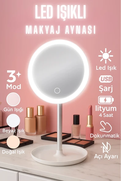 Dokunmatik Led Işıklı Usb Li Yuvarlak Masa Üstü Makyaj Aynası Makyaj Aynası Ledli - 1