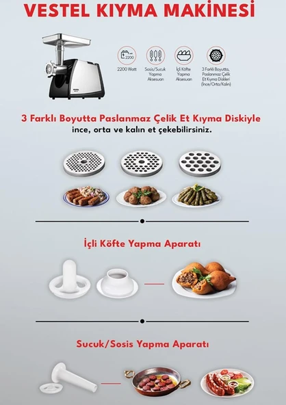 Vestel Kıyma Makinesi  - Elektrikli Kıyma Makinesi - 2200W - 3