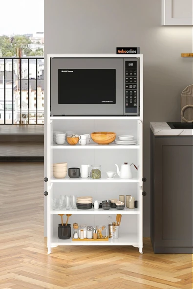 AEKA AE-2065 Nergis Beyaz Çok Amaçlı Mutfak Dolabı&Banyo Dolabı, 4 Kapaklı, Mikrodalga Fırın Dolabı,Raflı - Resim 3