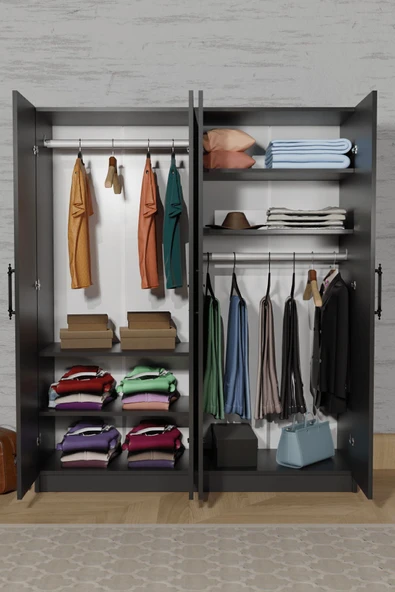 AEKA AE-1054 ARENA ANTRASİT GRİ GARDIROP 4 KAPAKLI 2 ASKILIKLI, 6 RAFLI DOLAP - 3