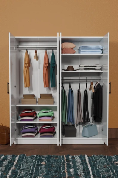 AEKA AE-1054 ARENA BEYAZ GARDIROP 4 KAPAKLI 2 ASKILIKLI, 6 RAFLI DOLAP - Resim 3