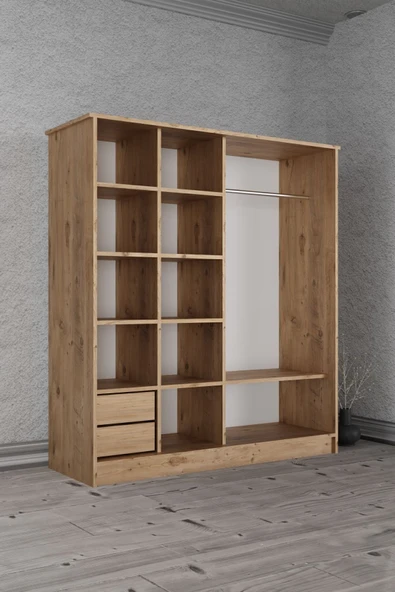 AEKA Ae-4001 Zambak Sürgülü Dolap Çok Raflı Çekmeceli Askılı Çam Kasalı (Beyaz-Gri Kapaklı) Gardırop - Resim 6