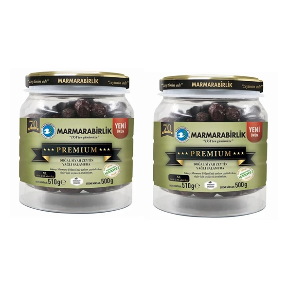 Marmarabirlik Premium XL Siyah Zeytin 500 gr Cam Pet x 2 Adet