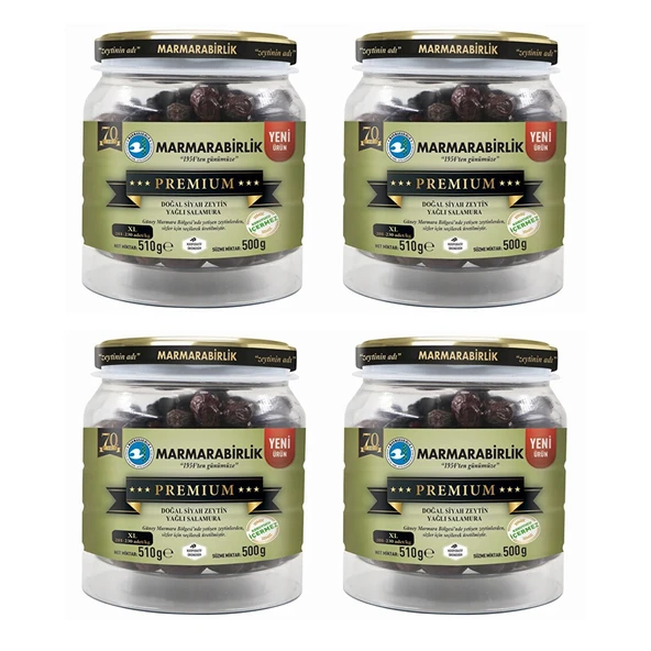 Marmarabirlik Premium XL Siyah Zeytin 500 gr Cam Pet x 4 Adet