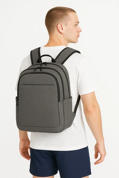 3 Bölmeli Okul Sırt Çantası (Laptop Bölmeli) Gri 2140 - Resim 4