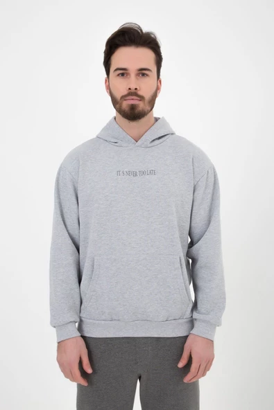 Erkek Baskılı Kapüşonlu Sweat Gri - 5