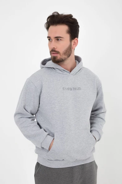 Erkek Baskılı Kapüşonlu Sweat Gri