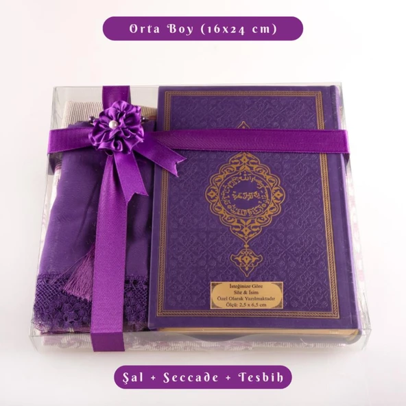 Şal + Seccade + Tesbih + Kuran Hediye Seti (Orta Boy, Termo Deri, Mor)